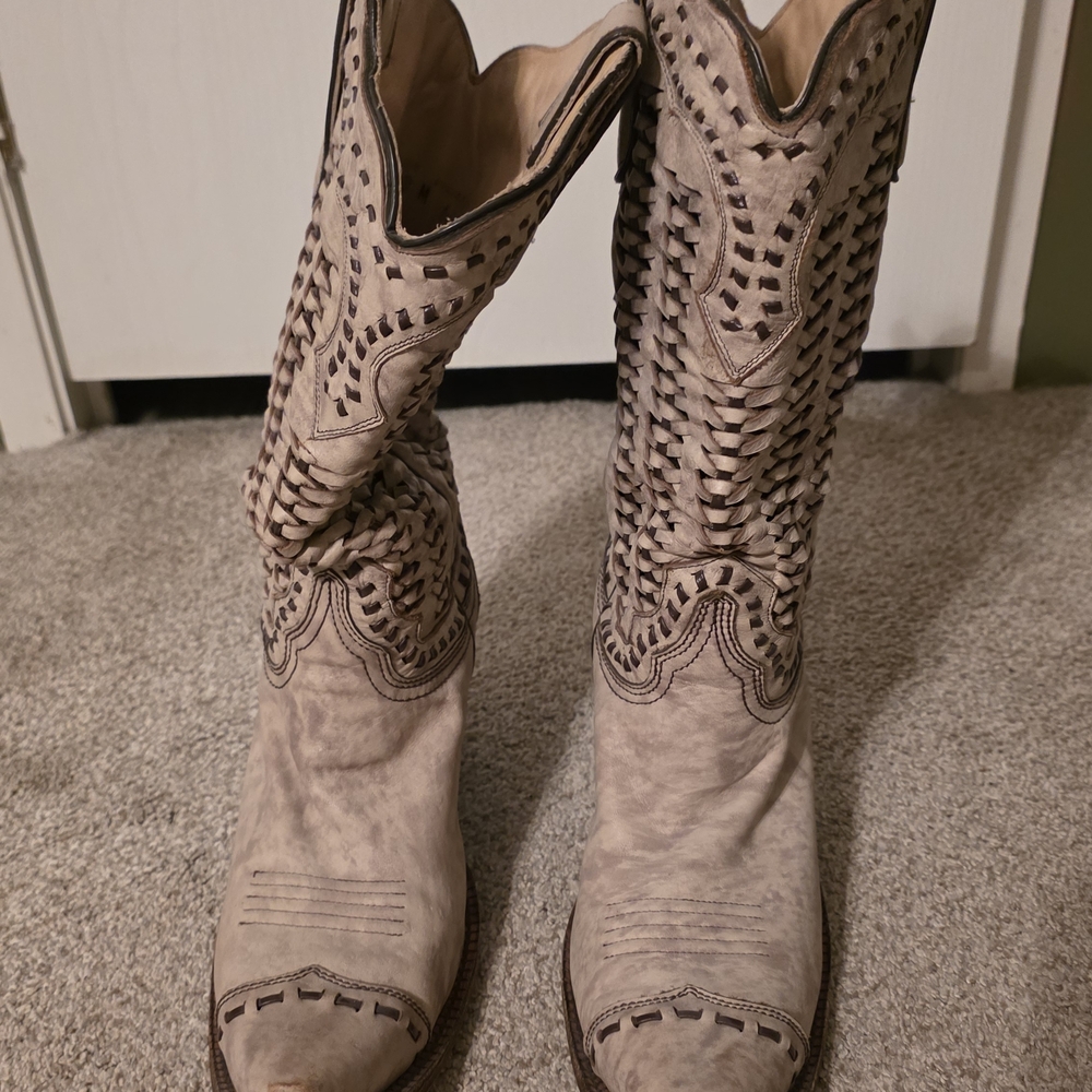 Buckle Cream Woven Heeled Boots